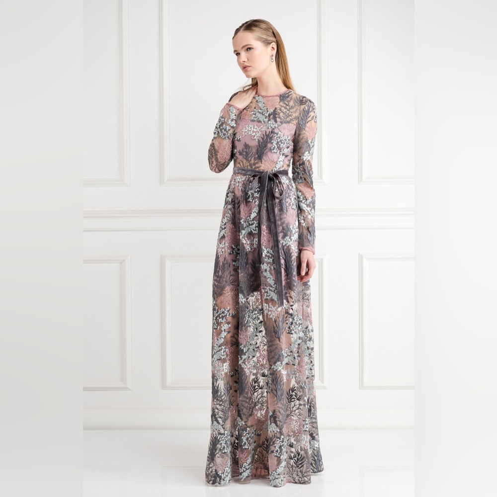ALEXIS Jeslyn Embroidered Illusion Floral Long Sleeve Maxi Dress - Size Large